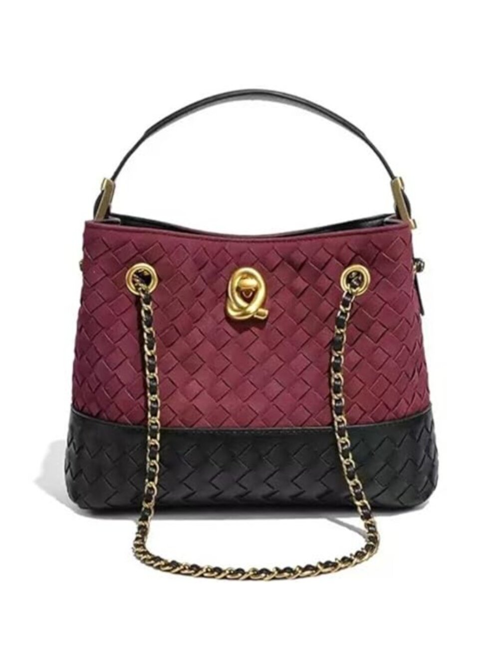 Faux Suede Woven Bucket Bag Women Small Crossbody Shoulder Handbag